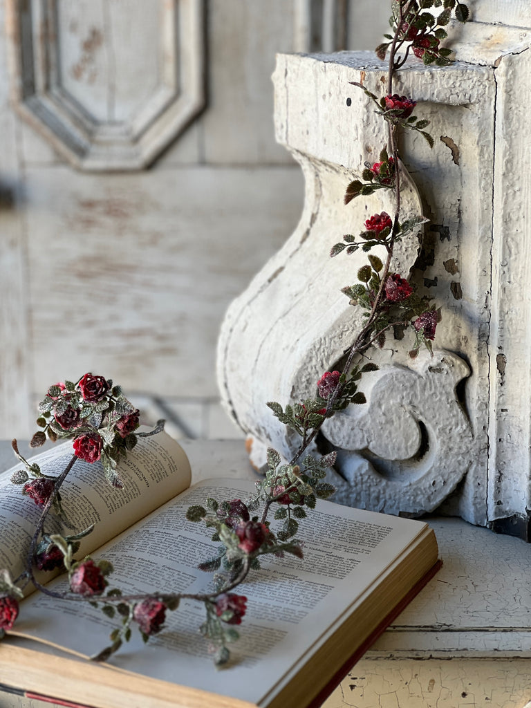 Frosted Tiny Tea Rose Garland | 6' - Lancaster Home & Holiday